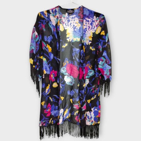Angie Womens Coverup Sz M Kimono Sheer‎ Black Floral Fringe - Picture 1 of 9